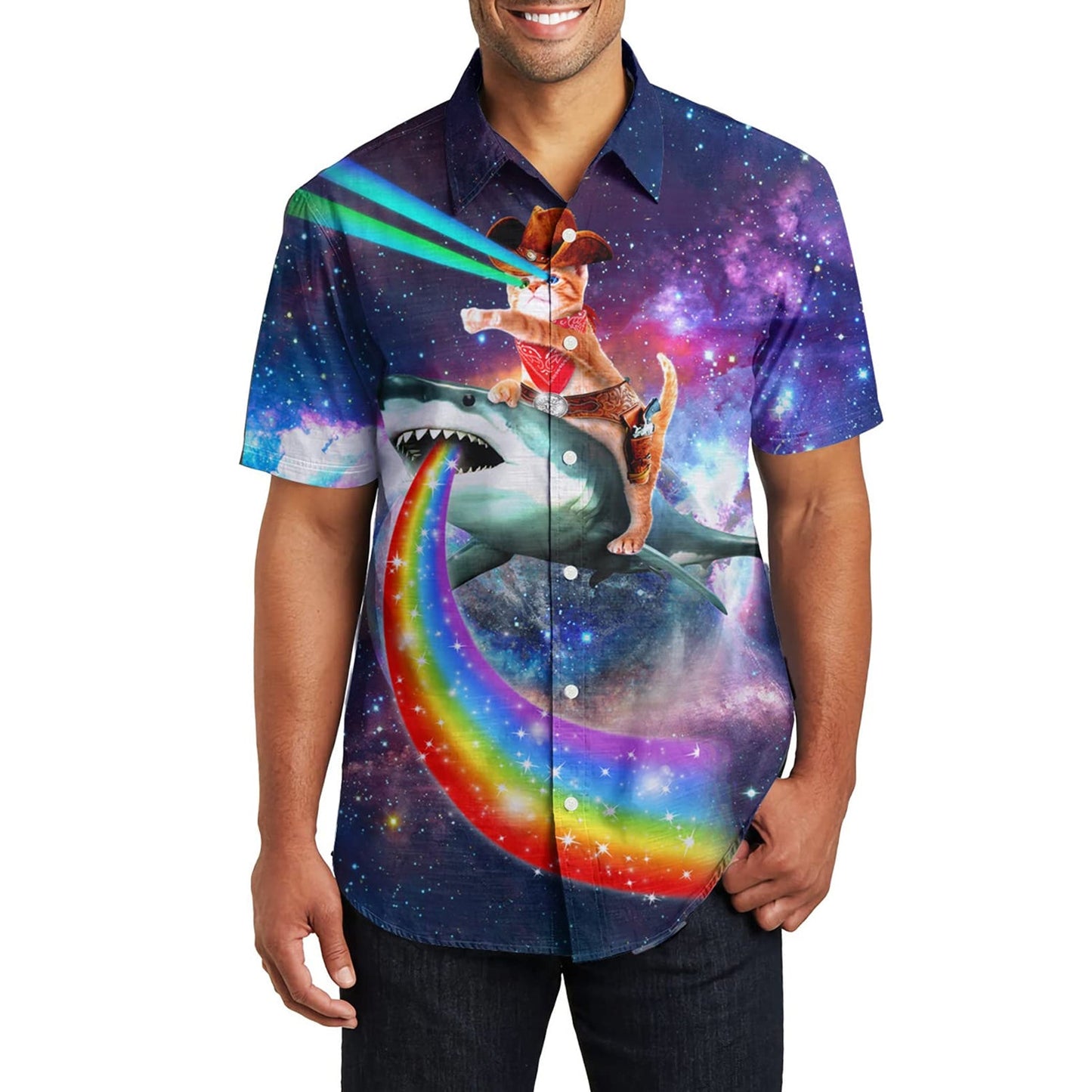 Cowboy Cat Riding Rainbow Shark Funny Hawaiian Shirt