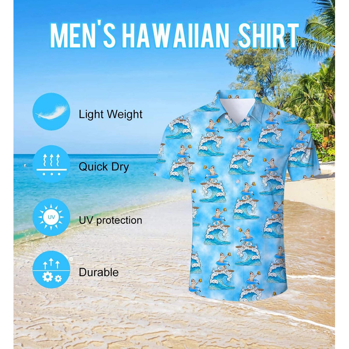 Beer DJ Surfing Cat Blue Funny Hawaiian Shirt