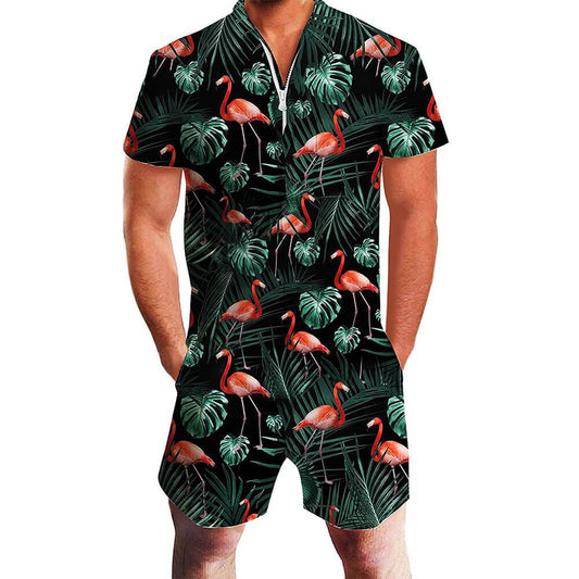 Green Palm Leaves Flamingo Male Romper
