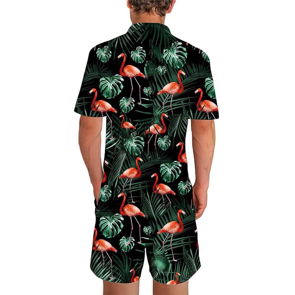 Green Palm Leaves Flamingo Male Romper
