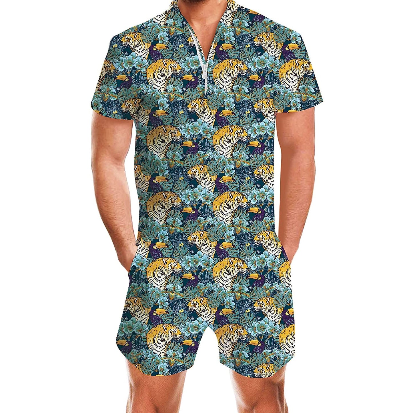 Tiger & Palm Leaf Prints Male Romper