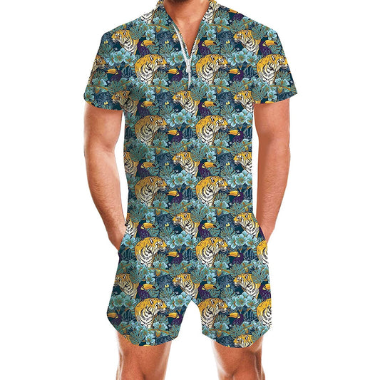 Tiger & Palm Leaf Prints Male Romper