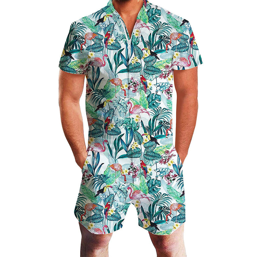 Green Floral Flamingos Male Romper