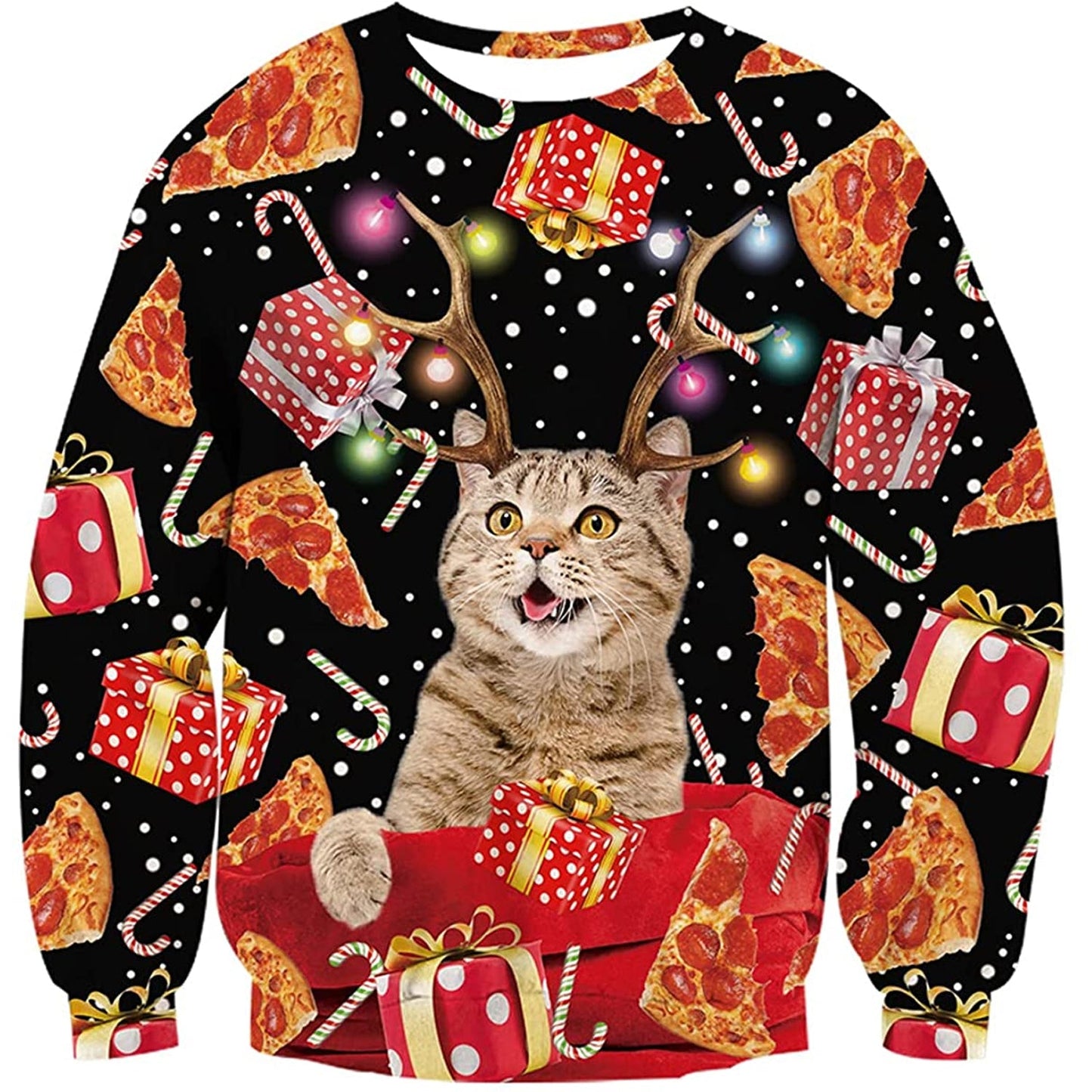 Antlers Cat Pizza Ugly Christmas Sweater