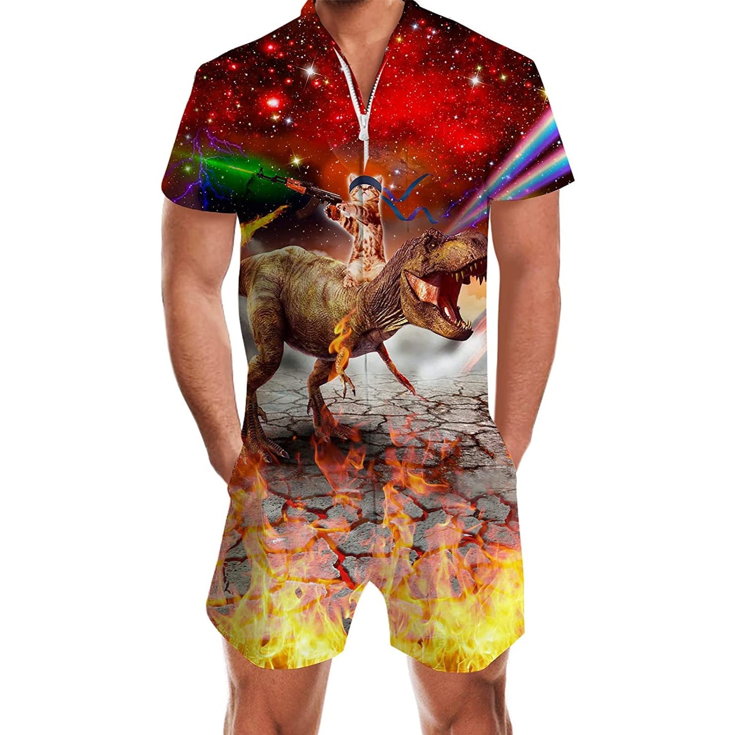 Gun Cat Riding Dinosaur Red Men Romper