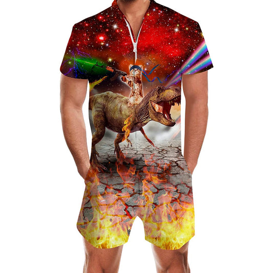 Gun Cat Riding Dinosaur Red Men Romper