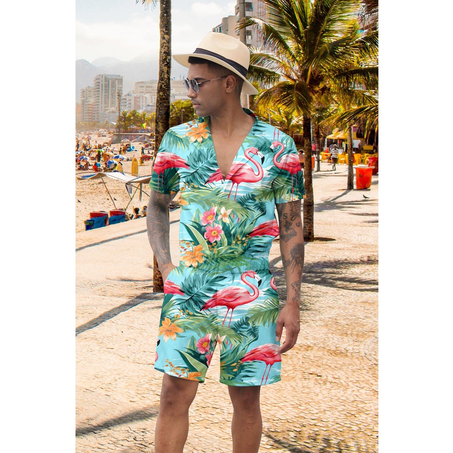 Pink Flamingo Leaf Funny Men Romper