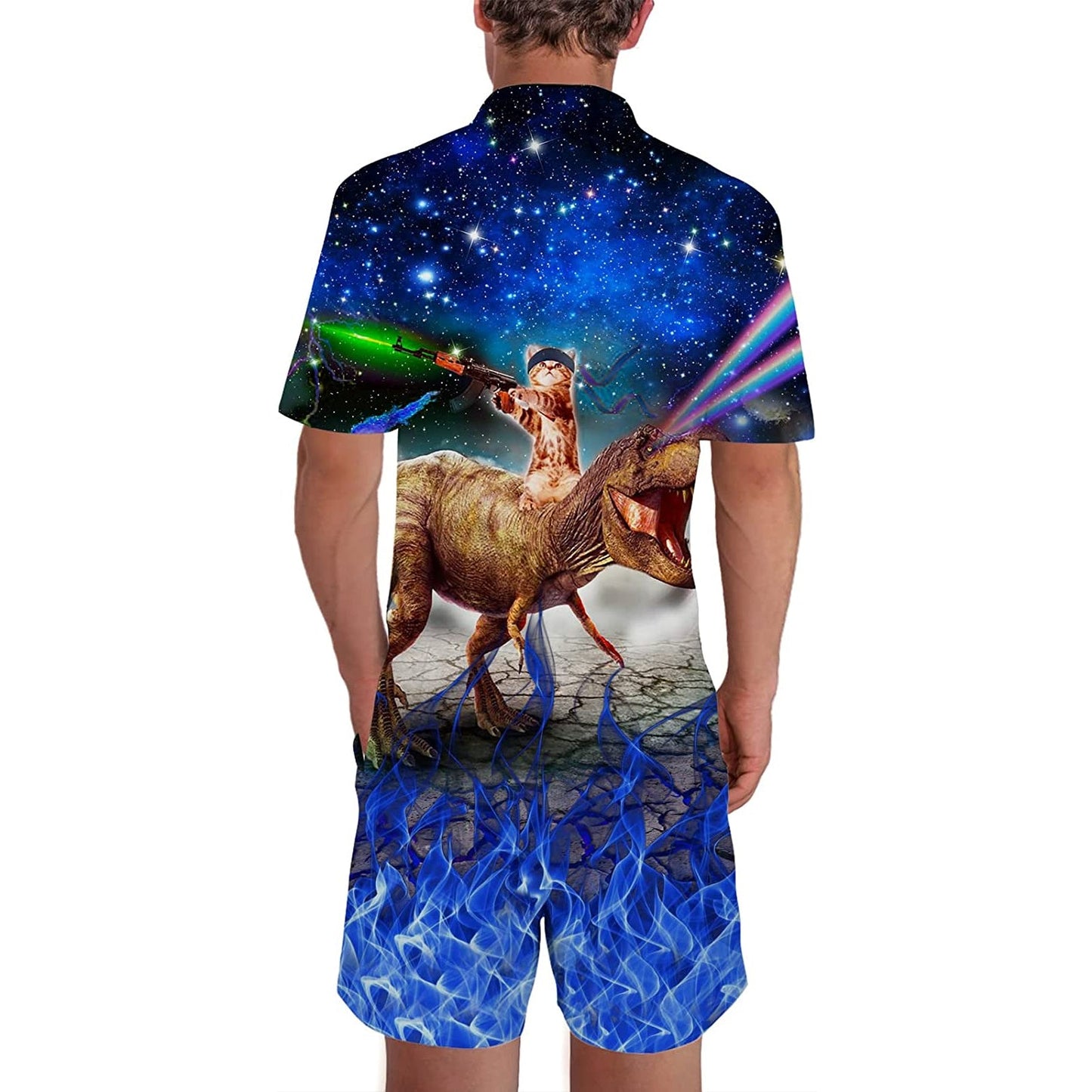 Gun Cat Riding Dinosaur Blue Men Romper
