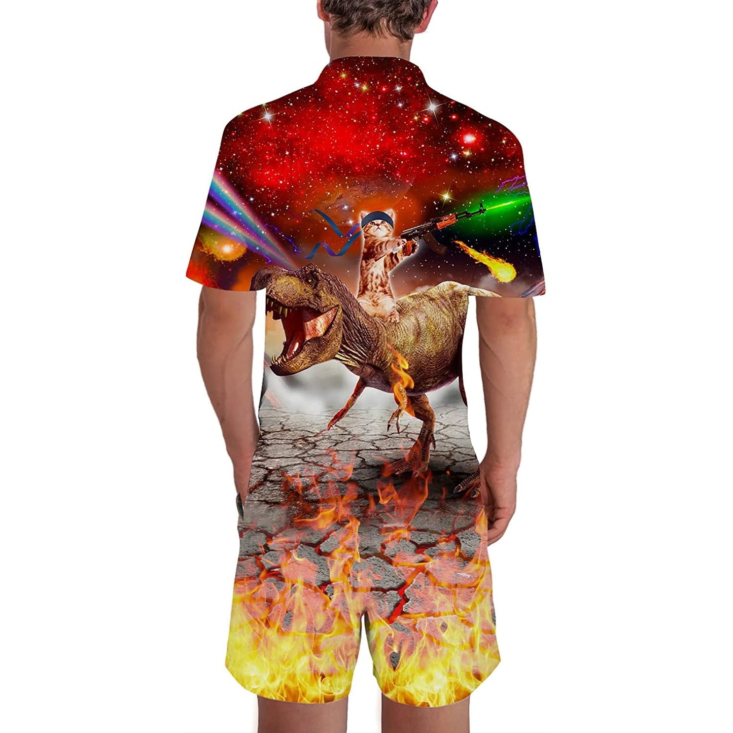 Gun Cat Riding Dinosaur Red Men Romper