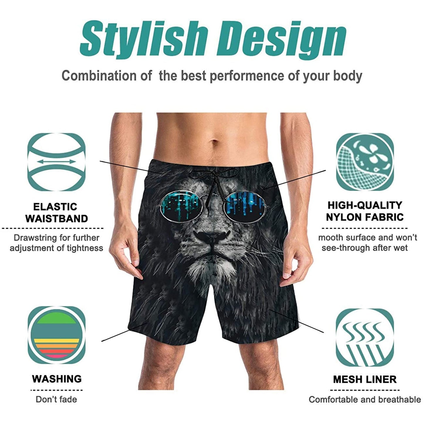 Glasses Lion Funny Swim Trunks