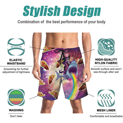 Taco Cat Riding Shark Rainbow Funny Swim Trunks