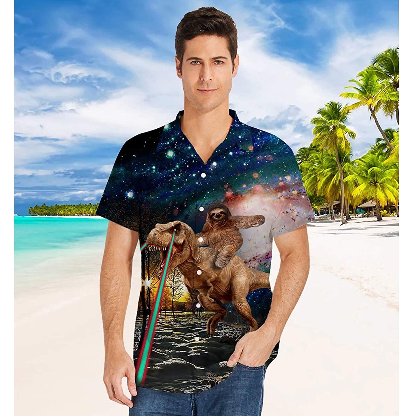 Sloth Riding Dinosaur Funny Hawaiian Shirt
