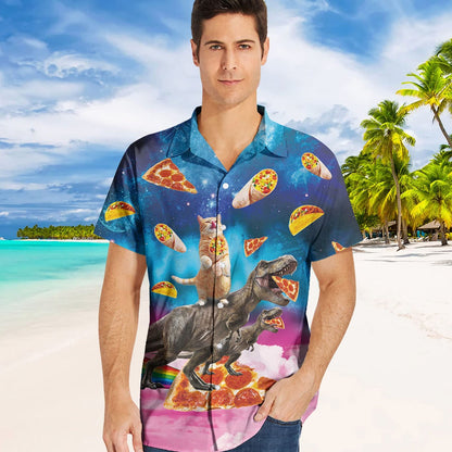 Pizza Cat Riding Dinosaur Funny Hawaiian Shirt
