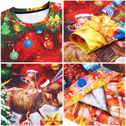Gun Cat Riding Dinosaur Red Ugly Christmas Sweater